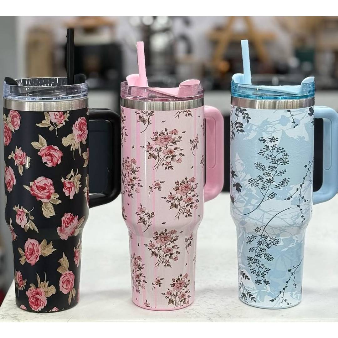 Stainless Steel Flower Print Vacuum Insulated Tumbler With Lid And Straw