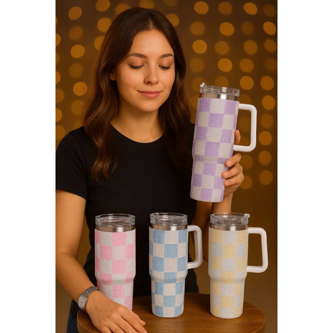 40oz Stainless Steel Checkered Rhinestone Tumbler 1200ml