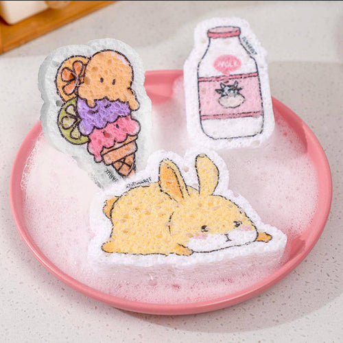 Cute Cartoon Compressed Sponge Non-Scratch Dishwashing Sponge Pack of 3