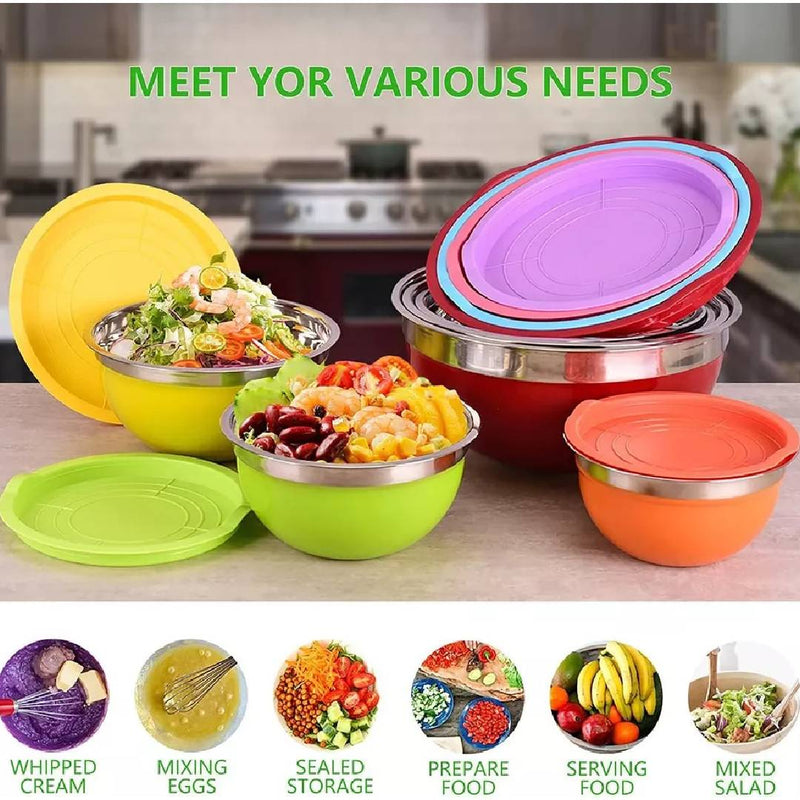 Multifunctional Stainless Steel Colorful Mixing Bowl With Lid Set Of 5