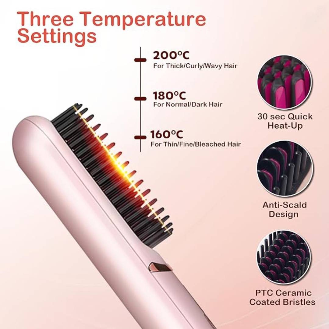 Portable Rechargeable Cordless Hair Straightener Brush