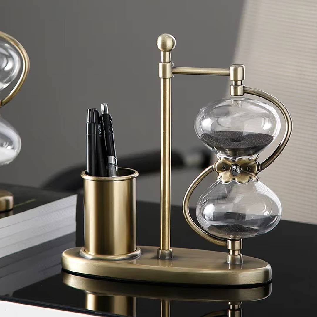 Retro Office Sand Clock Hourglass Decor With Pen Holder