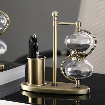 Retro Office Sand Clock Hourglass Decor With Pen Holder