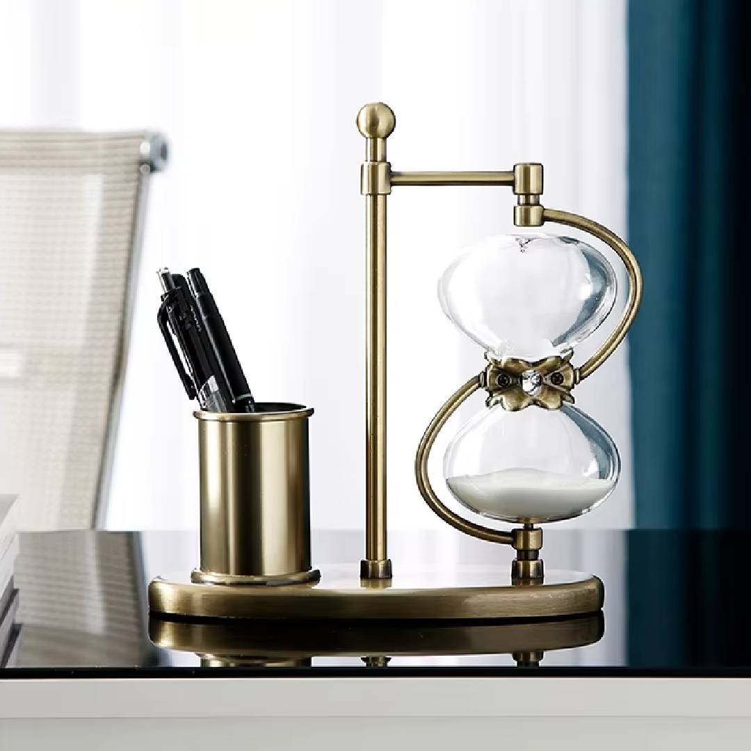 Retro Office Sand Clock Hourglass Decor With Pen Holder