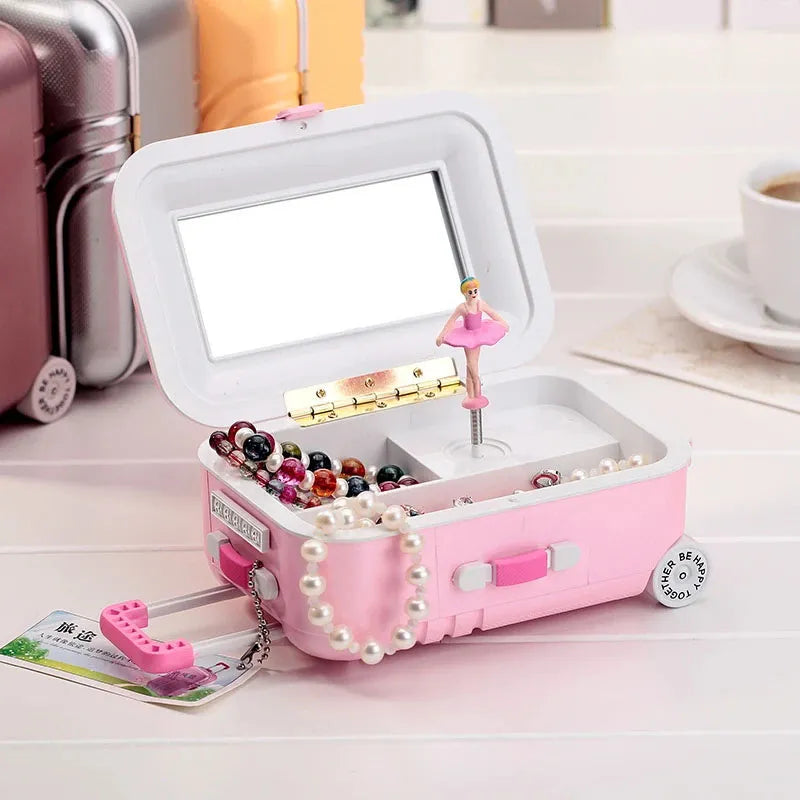 Mini Music Box Suitcase Trolley Luggage Style Jewelry Box Large Capacity Storage Case