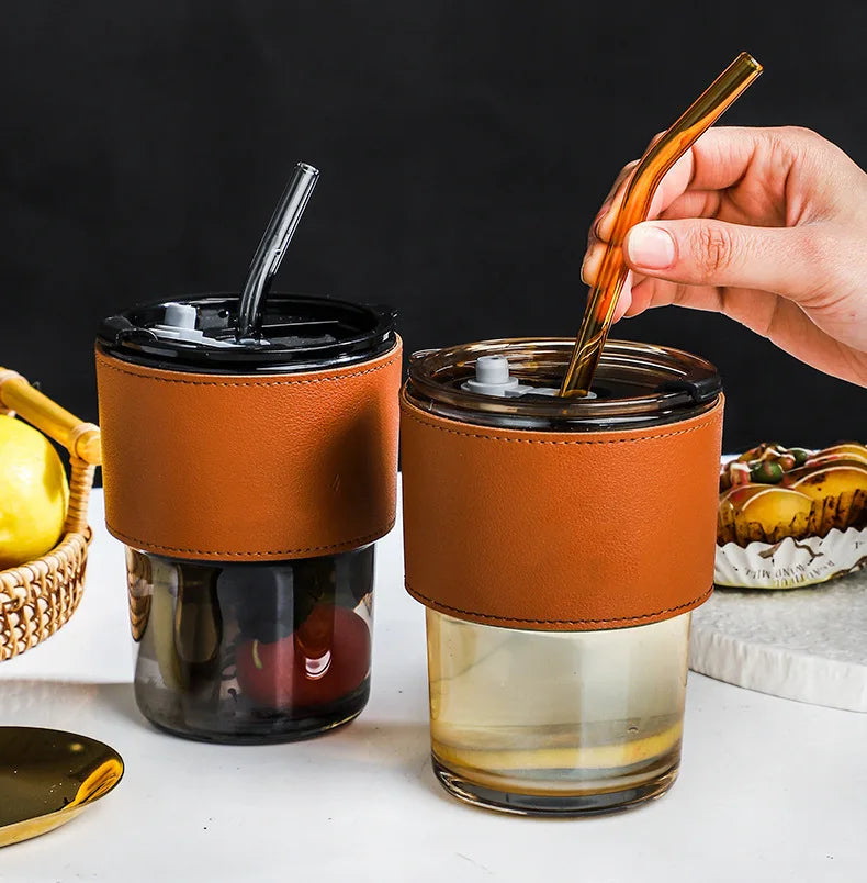 Coffee Or Tea Mug Cup With Drinking Straw Lid and PU Leather Sleeve