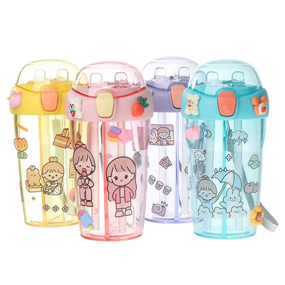 Cute Double Compartment Water Bottle With Two Straws For Kids