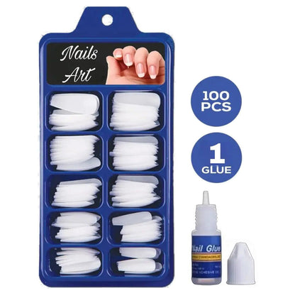 Wanter Natural Transparent Artificial Acrylic Nails Kit Fake False Nails 100Pcs + Nail Glue