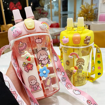 Cute Double Compartment Water Bottle With Two Straws For Kids