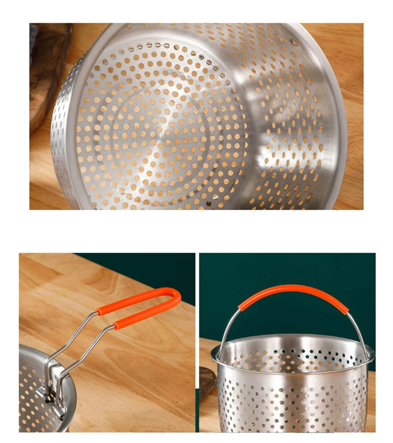 Stainless Steel 2in1 Deep Fryer Steamer Basket with Silicone Covered Handle