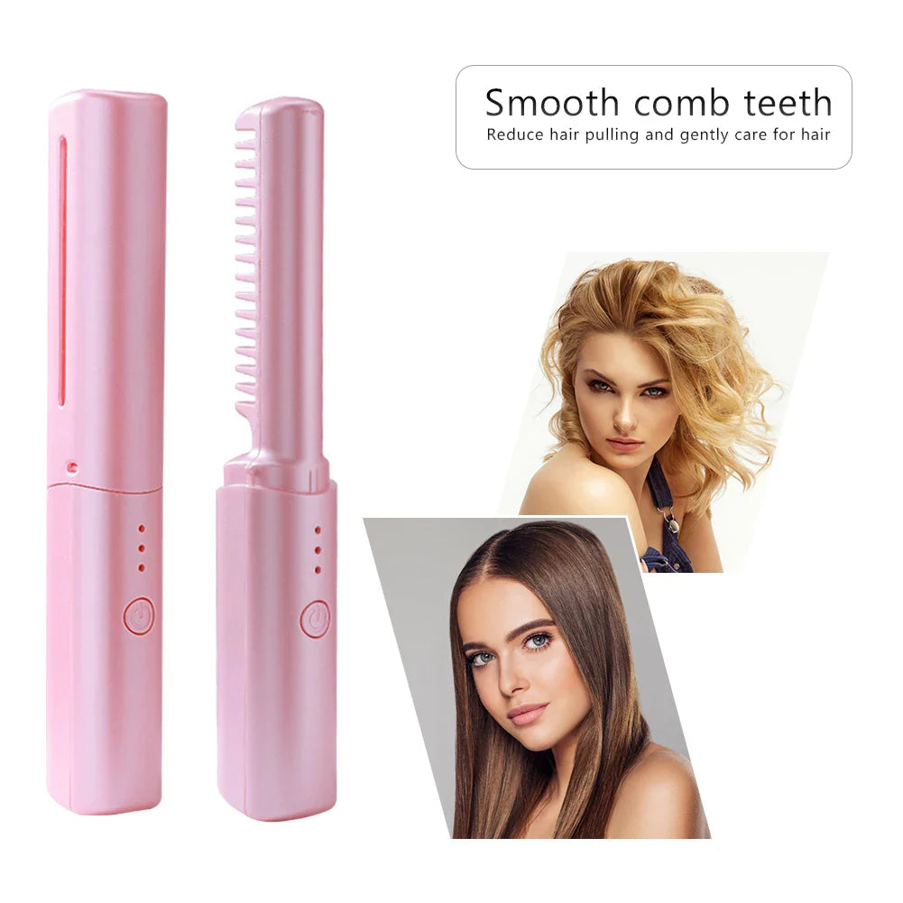 Mini 2in1 Professional Wireless Rechargeable Hair Straightener Curler Comb