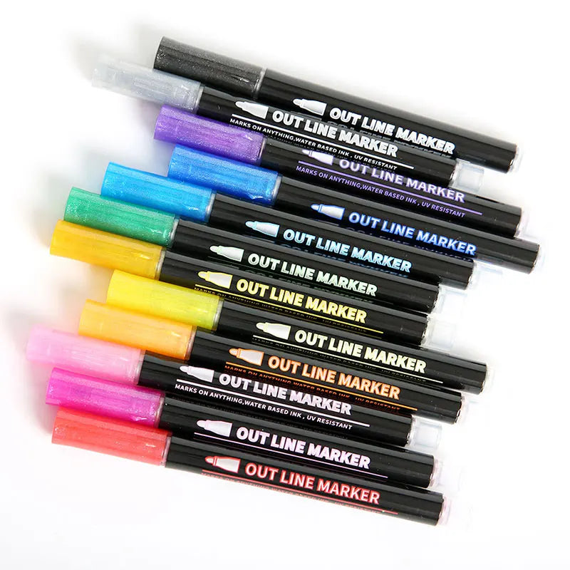 Outline Pen Double Line Contour Art Marker Pen Glitter Sparkle Highlighter Pack of 12