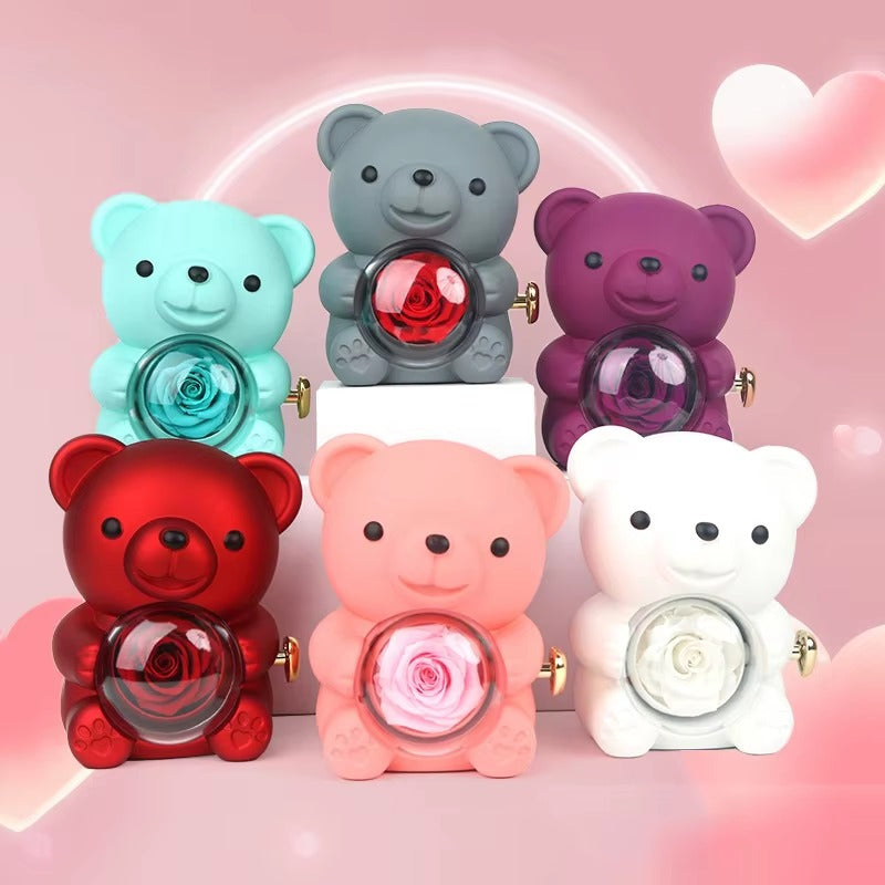 Teddy Bear Rose Ring Necklace Jewelry Box