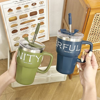 Positive Vibes Stainless Steel Coffee Mug Tumbler With Straw Lid Handle 600ml