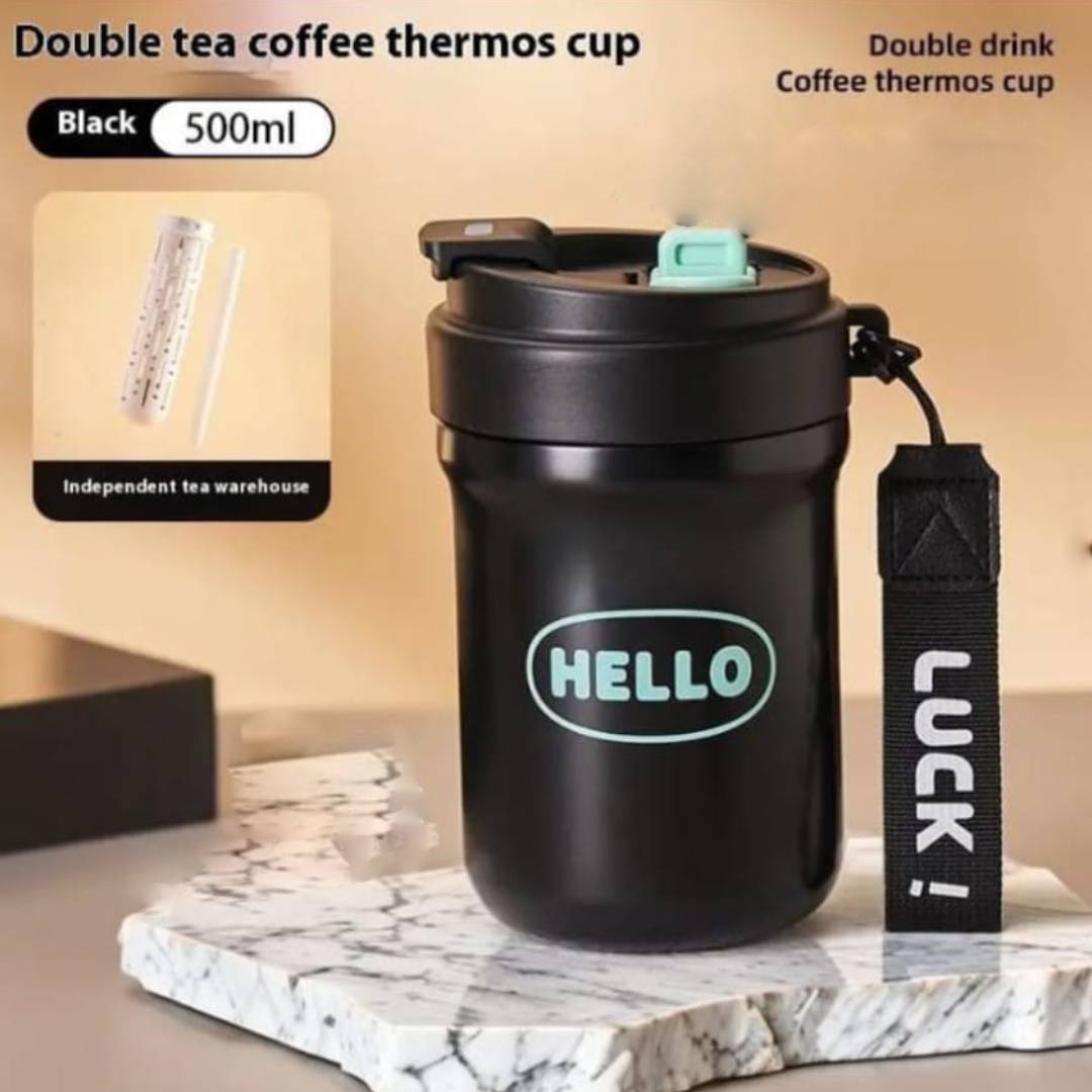 Stainless Steel Hello Vacuum Flask Leak Proof Thermal Coffee Mug With Handle Rope 500ml