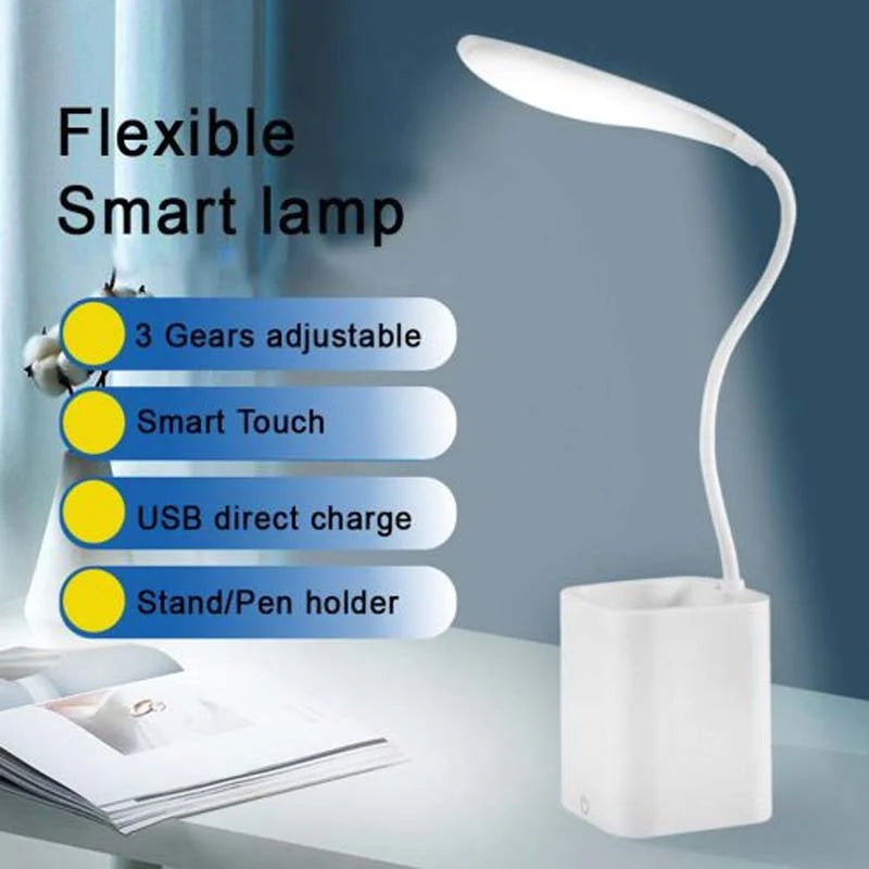 USB Rechargeable Flexible Smart LED Desk Lamp With Pen Holder And Mobile Holder