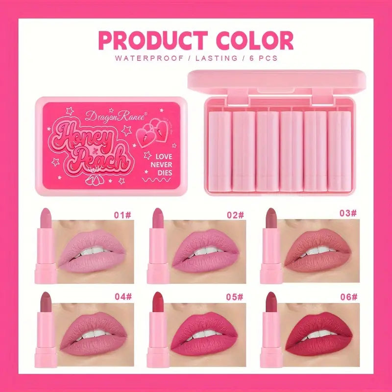 Dragon Ranee Honey Peach Love Never Dies Mini Matte Lipstick 6Pcs in Box