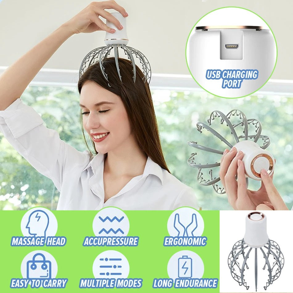 Portable USB Rechargeable Octopus Head Massager Waterproof Handheld With 12 Massage Claws Head Massager