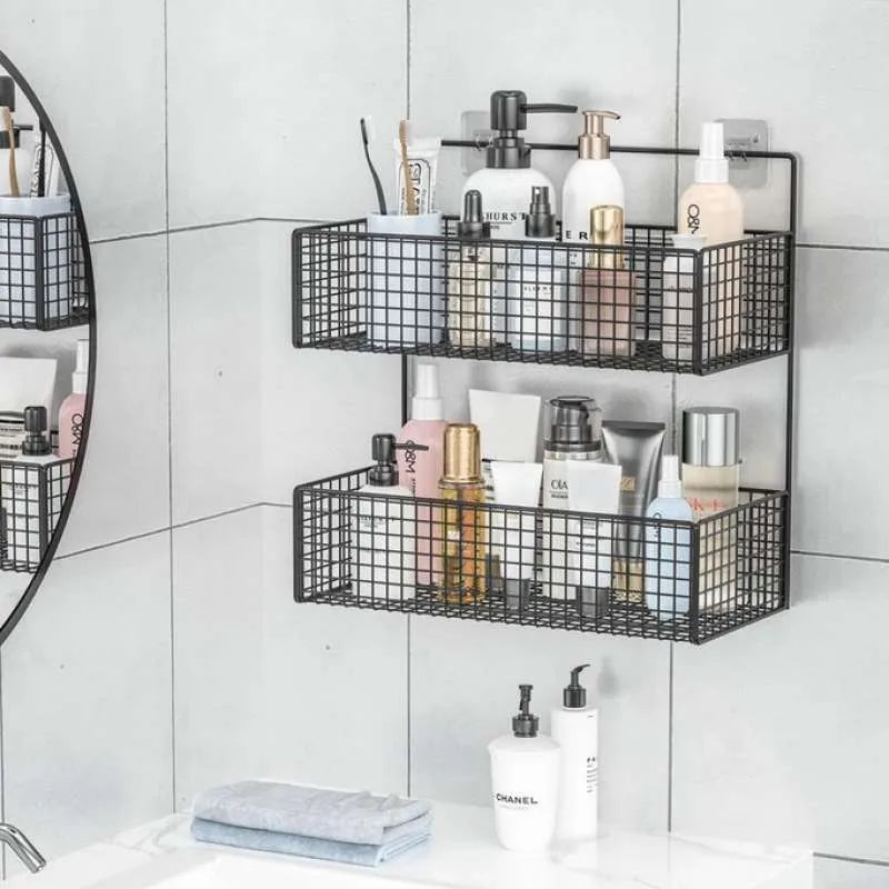 Multifunctional 2 Layer Wall Mounted Sticking Shelf Toiletries Organizer Storage Basket