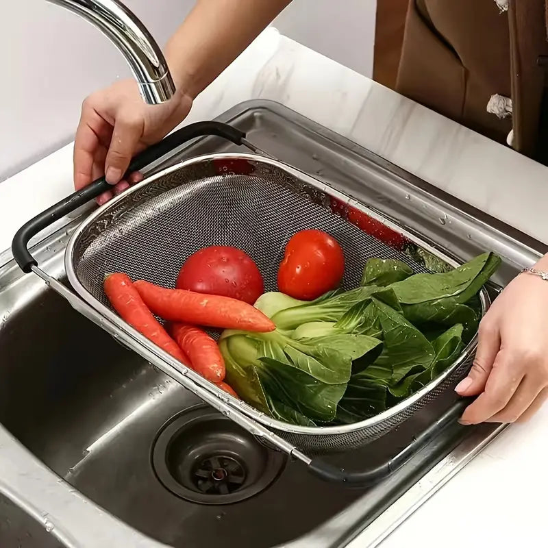 Stainless Steel Drain Basket With Extendable Rubber Handles To Fit Any Sink