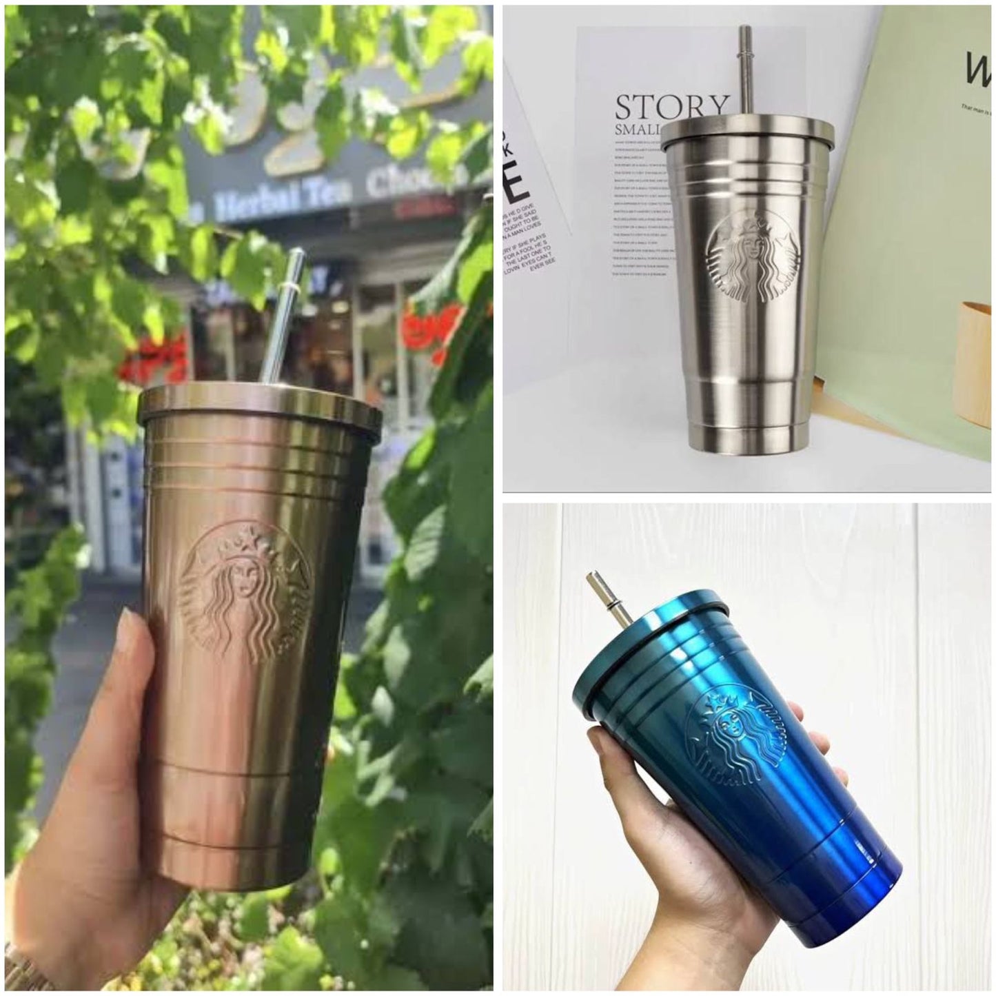 Stainless Steel Starbuck Embossed Logo Tumbler With Straw