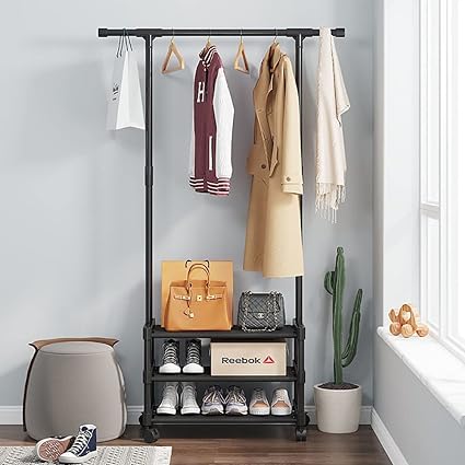 Multifunctional Cloth Hanger Rack With Wheels Storage Shelf Cloth Organizer Wardrobe