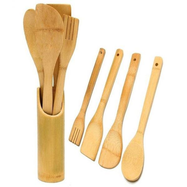 Bamboo Wooden Kitchen Cooking Spoon 4Pcs Utensils With Utensils Holder