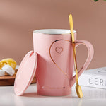 Love Heart Couple Cup Ceramic Coffee Mug Set With Lid And Spoon