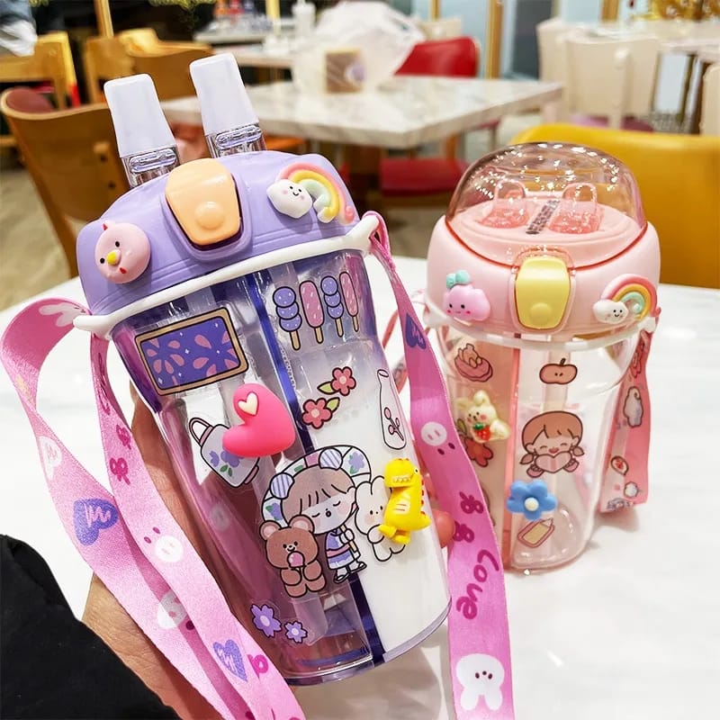 Cute Double Compartment Water Bottle With Two Straws For Kids