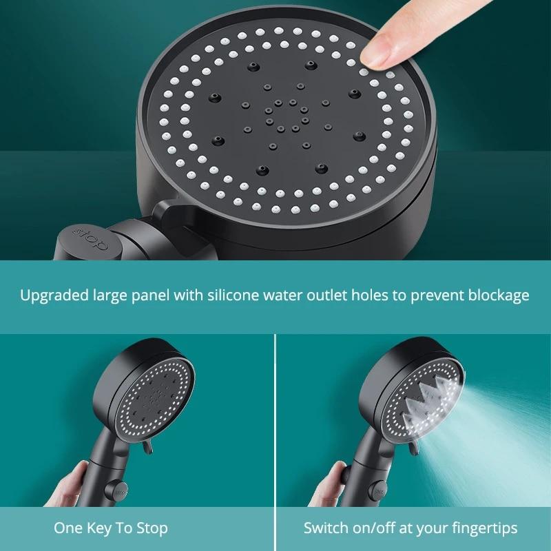 Multifunction 5 Mode Adjustable High Pressure Shower One-key Stop Water Massage Shower Head Water Saving Nozzle