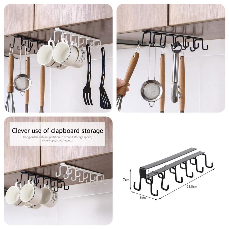 Multipurpose 6 Iron Hook Under Cabinet Mug Holder Storage Hooks for Shelf Cup Holder (Double Mug Patti)