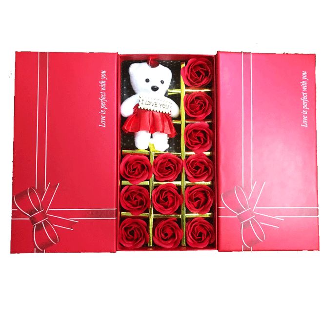 Valentine Decor Gift Set Showpiece Teddy Bear And Red Flowers