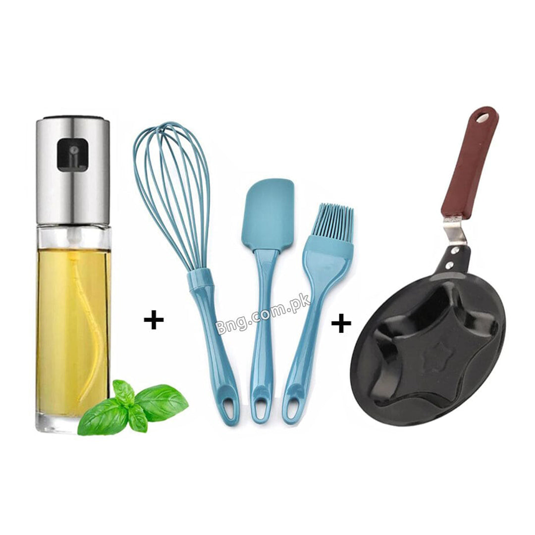 Egg Frying Pan Non-Stick + 3 Pcs Baking Tools Set +Oil Spray Bottle 100ml