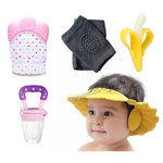 Baby Shower Cap With Ear Protector + Baby Food Pacifier + Stretchable cotton baby knee pads + Baby Banana Brush + Baby Teething Silicone Baby Teether