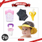 Baby Shower Cap With Ear Protector + Baby Food Pacifier + Stretchable cotton baby knee pads + Baby Banana Brush + Baby Teething Silicone Baby Teether