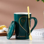 Love Heart Couple Cup Ceramic Coffee Mug Set With Lid And Spoon