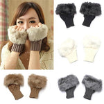 Winter Gloves Artificial Fur Ladies Fingerless Wool Knitted Gloves