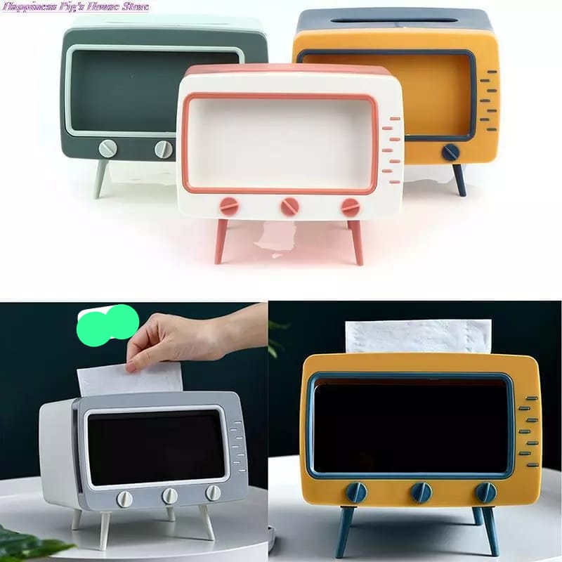 2in1 Creative Retro TV Tissue Box Organizer With Phone Stand