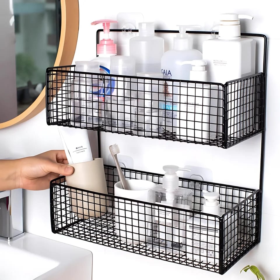 Multifunctional 2 Layer Wall Mounted Sticking Shelf Toiletries Organizer Storage Basket