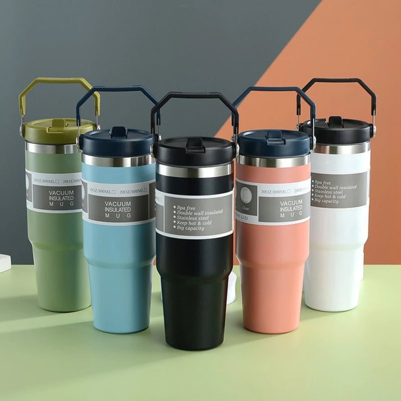 Stainless Steel Vacuum Insulated Thermos Water Bottle With Straw 890ml