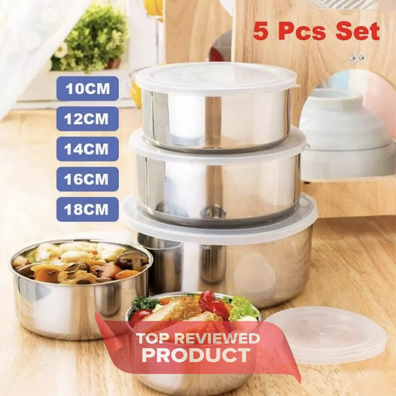 Stainless Steel 5Pcs Bowl Set With Sealed Lids Storage Food Bowl