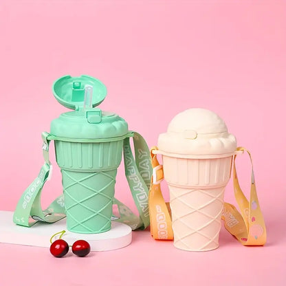 Cute Ice Mold Water Bottle Drinking Cup with Straw And Adjustable Strap 500ml