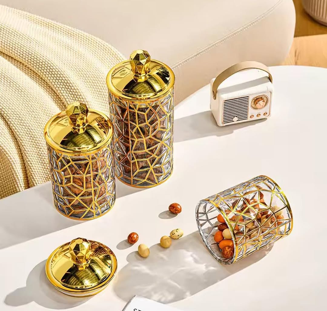 Multipurpose Stylish Gold Acrylic Storage Jar 3Pcs Set