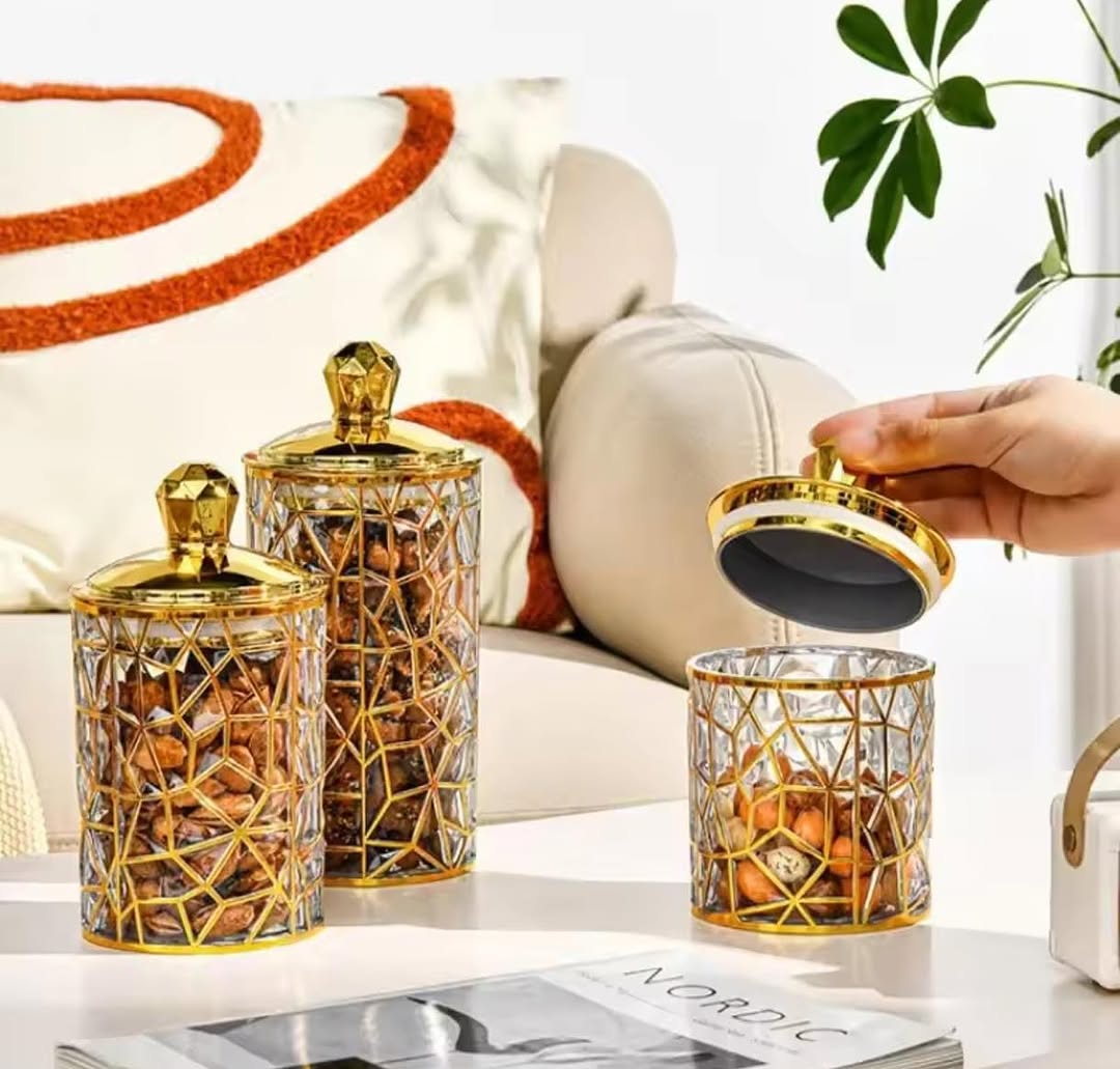 Multipurpose Stylish Gold Acrylic Storage Jar 3Pcs Set
