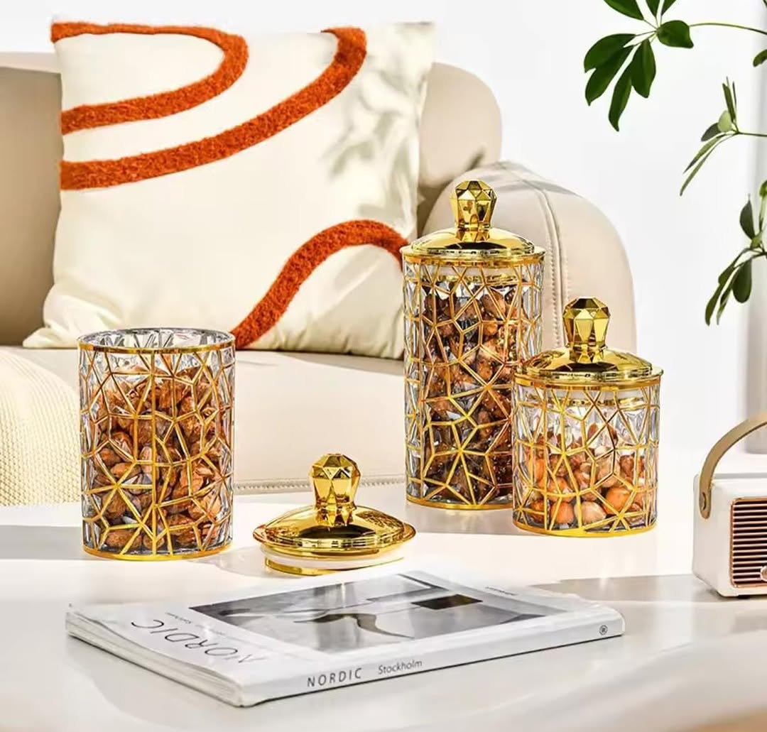 Multipurpose Stylish Gold Acrylic Storage Jar 3Pcs Set