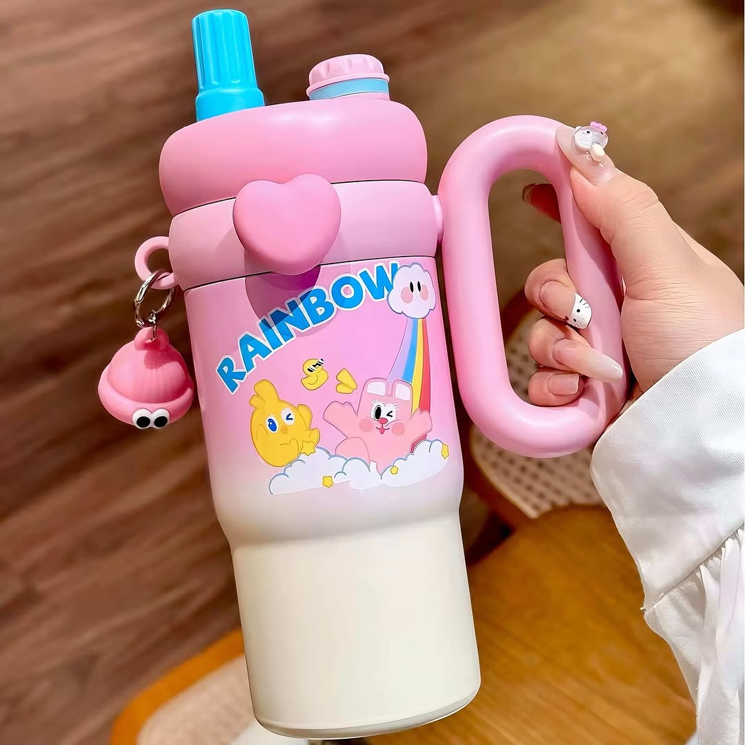 Stainless Steel Cute Kawaii Printed Insulated Tumbler Sipper With Handle And Straw 850ml