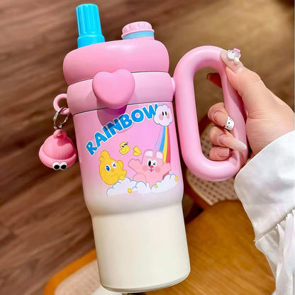 Stainless Steel Cute Kawaii Printed Insulated Tumbler Sipper With Handle And Straw 850ml