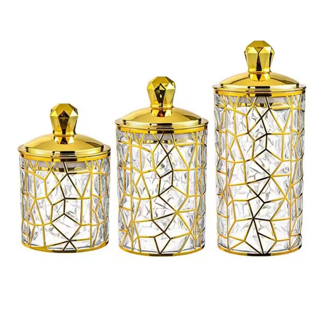 Multipurpose Stylish Gold Acrylic Storage Jar 3Pcs Set