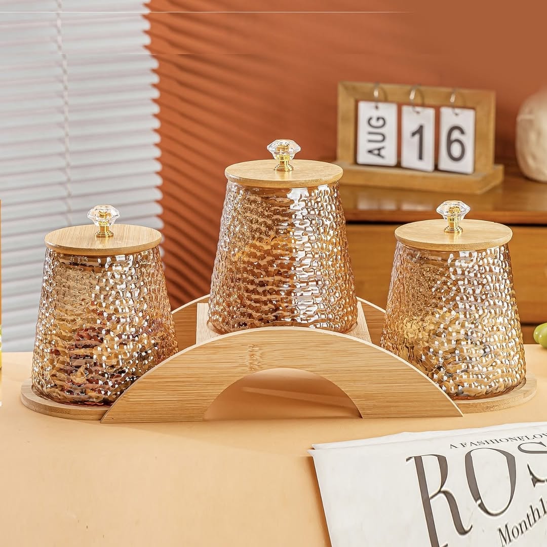 Multipurpose Borosilicate Gourd Storage Jar 3Pcs Set With Wood Stand