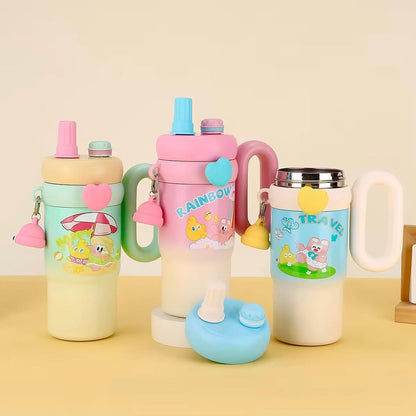 Stainless Steel Cute Kawaii Printed Insulated Tumbler Sipper With Handle And Straw 850ml